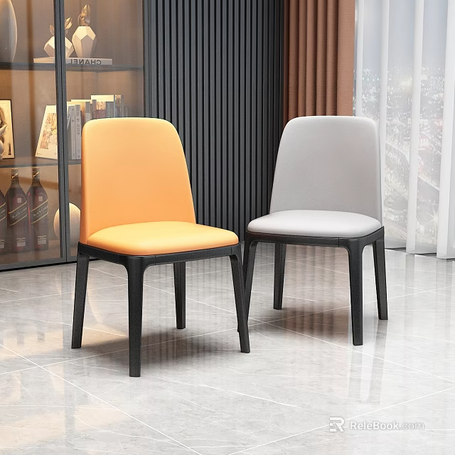 Modern Orange and Gray Upholstered Dining Chairs with Black Legs in Room Interior 3d model 
