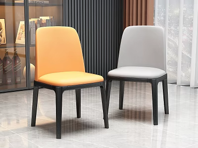 Modern Orange and Gray Upholstered Dining Chairs with Black Legs in Room Interior 3d model