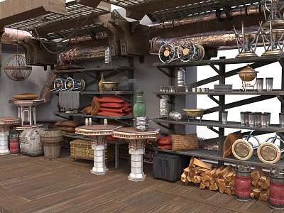 Vintage Attic Storage Room Interior With Tools Clay Pots Firewood Shelves And Lamps 3d model