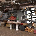 Vintage Attic Storage Room Interior With Tools Clay Pots Firewood Shelves And Lamps
