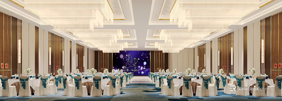 Elegant Banquet Hall With Crystal Chandeliers Purple Stage Backdrop Decorated Tables And Floral Arrangements 3d model 