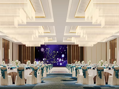 Elegant Banquet Hall With Crystal Chandeliers Purple Stage Backdrop Decorated Tables And Floral Arrangements 3d model