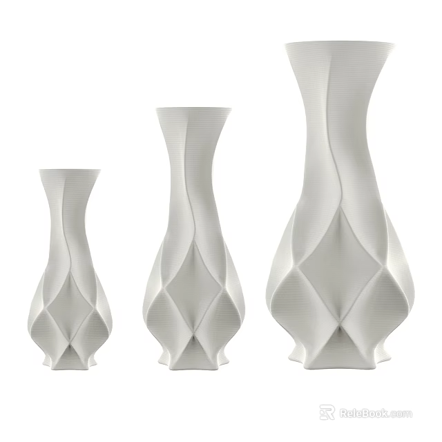 Modern White Ceramic Vases With Geometric Textured Design In Three Different Sizes 3d model