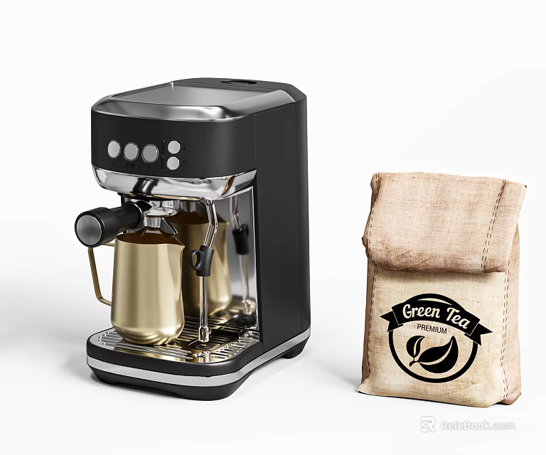 Black Coffee Machine Kitchen Appliance With Green Tea Coffee Bean Burlap Bag 3d model 