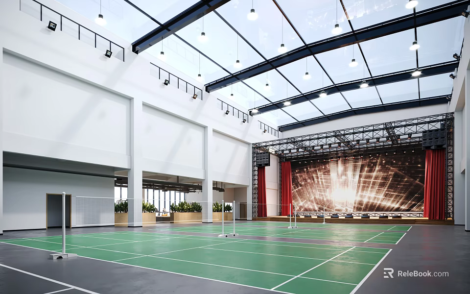 Indoor Sports Fitness Badminton Court With Green Floor White Lines And Lighting 3d model 