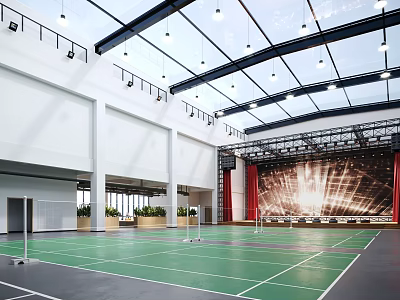 Indoor Sports Fitness Badminton Court With Green Floor White Lines And Lighting 3d model