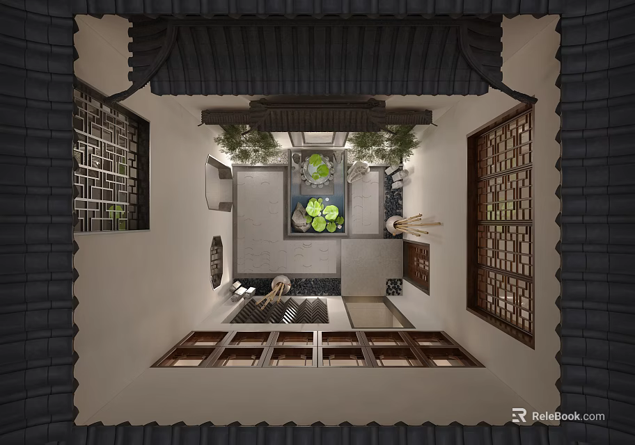 Traditional Chinese Garden Courtyard With Tile Roof Carved Windows Pool And Green Plants 3d model 
