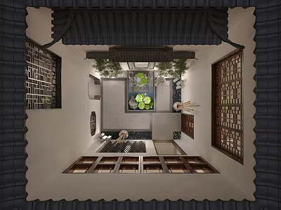 Traditional Chinese Garden Courtyard With Tile Roof Carved Windows Pool And Green Plants 3d model