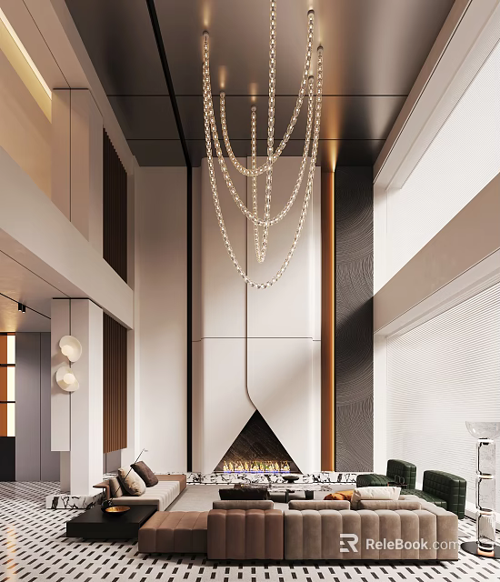 Duplex Living Room With High Ceiling Chandelier Fireplace And Modern Interior Design 3d model 