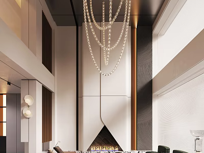 Duplex Living Room With High Ceiling Chandelier Fireplace And Modern Interior Design 3d model