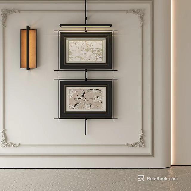 Abstract Painting Wall Decor with Framed Artwork on White Wall and Wall Lamp 3d model 