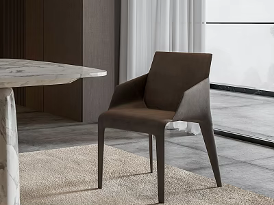 Modern Brown Leather Dining Chair With Armrest Near Marble Table And Curtains 3d model