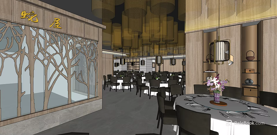 Traditional Restaurant Interior With Tree Patterned Cutout Walls And Yellow Mesh Pendant Lights 3d model 