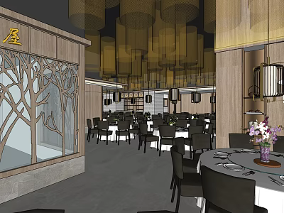 Traditional Restaurant Interior With Tree Patterned Cutout Walls And Yellow Mesh Pendant Lights 3d model