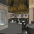 Traditional Restaurant Interior With Tree Patterned Cutout Walls And Yellow Mesh Pendant Lights