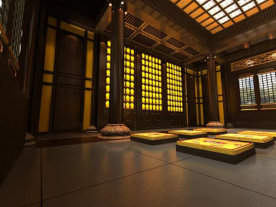 Traditional Chinese Religious Temple Interior With Wooden Columns Yellow Panels And Meditation Cushions 3d model