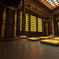 Traditional Chinese Religious Temple Interior With Wooden Columns Yellow Panels And Meditation Cushions