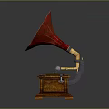 Vintage Gramophone With Red Horn Wooden Base And Turntable Metal Arm