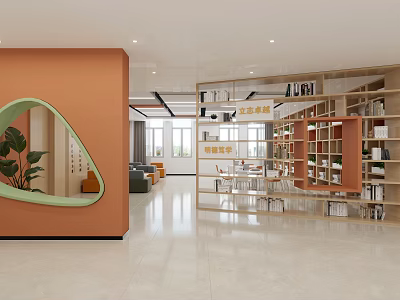 Modern Book Art Space With Shelves And Unique Wall Decor 3d model