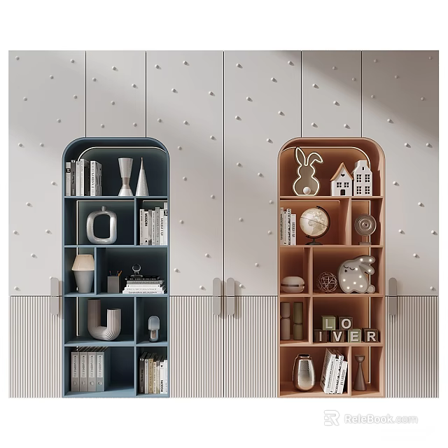 Blue And Brown Decorative Cabinets With Books Vases Ornaments On Textured Wall 3d model 