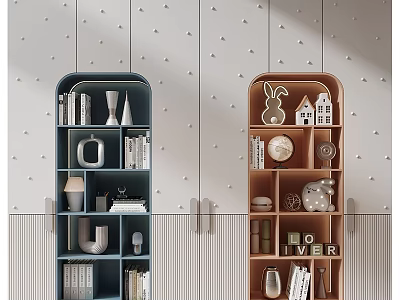 Blue And Brown Decorative Cabinets With Books Vases Ornaments On Textured Wall 3d model
