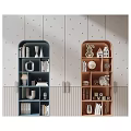 Blue And Brown Decorative Cabinets With Books Vases Ornaments On Textured Wall