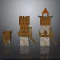 Three Medieval Wooden Fortress Towers With Stone Bases Red Roof Lookout Windows And Stairs