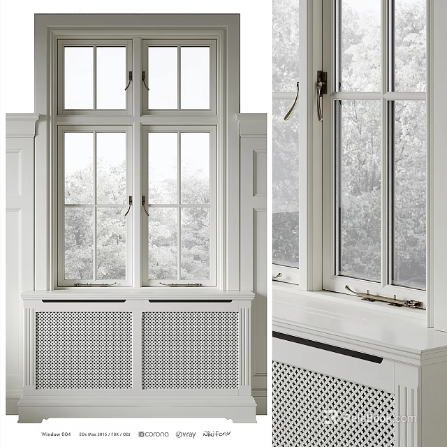 Classic White Wooden Casement Windows With Clear Glass Panes In Bright Interior Room 3d model 