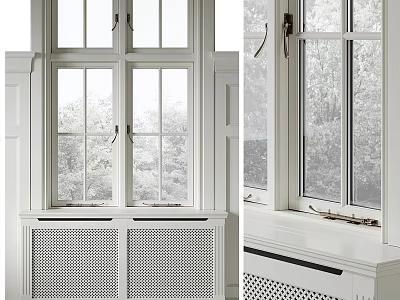Classic White Wooden Casement Windows With Clear Glass Panes In Bright Interior Room 3d model