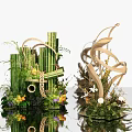 Floral Arrangement With Bamboo Green Plants Woven Decor And Colorful Flowers On Reflection Surface