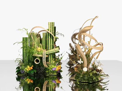 Floral Arrangement With Bamboo Green Plants Woven Decor And Colorful Flowers On Reflection Surface 3d model
