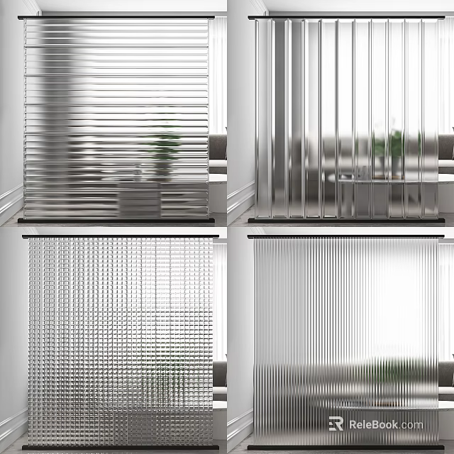 Modern Room Dividers with Vertical Slats Frosted Glass and Grid Designs for Home Interior 3d model 