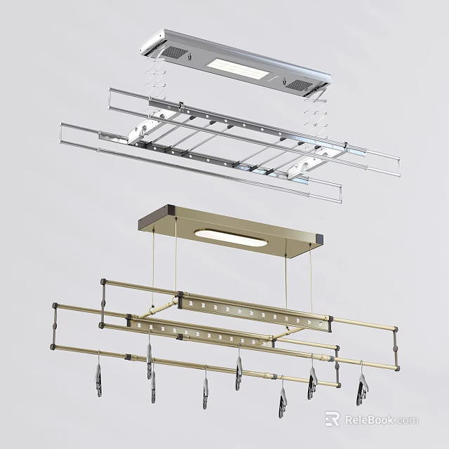 Modern Ceiling Mounted Clothes Drying Rack With LED Light And Metal Frame 3d model 