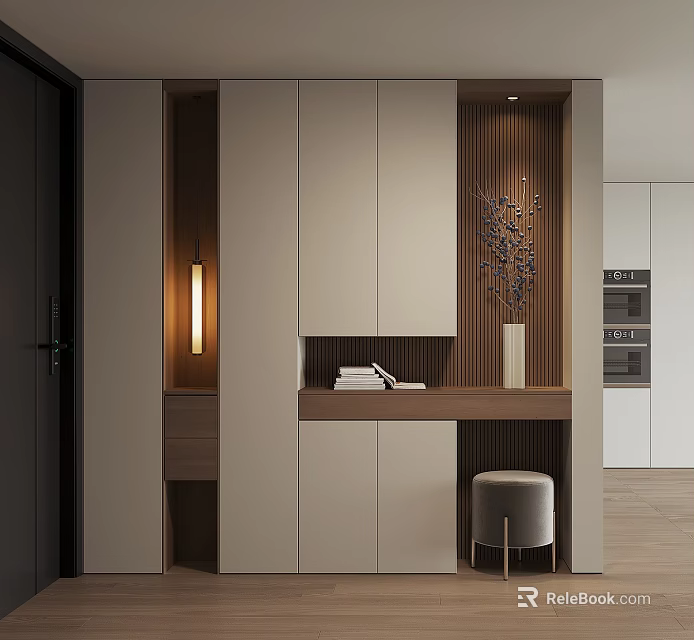 Modern Shoe Cabinet Design With Neutral Tones Wooden Accent And Decorative Vase 3d model 