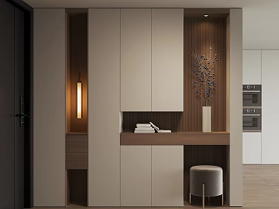 Modern Shoe Cabinet Design With Neutral Tones Wooden Accent And Decorative Vase 3d model