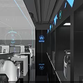 Modern Futuristic Cyber Cafe with Glass Curtain Wall Illuminated Logo Hi-Tech Gaming Equipment Black Tone