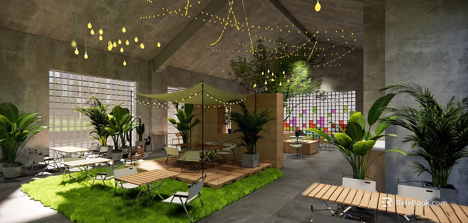 Industrial Style Restaurant Interior With Green Plants Hanging Lights And Wooden Tables 3d model 