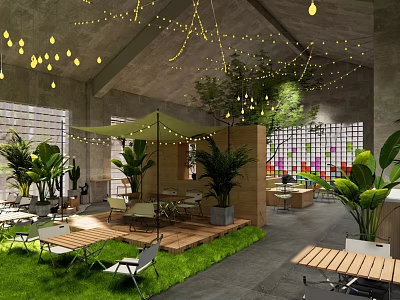 Industrial Style Restaurant Interior With Green Plants Hanging Lights And Wooden Tables 3d model