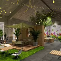 Industrial Style Restaurant Interior With Green Plants Hanging Lights And Wooden Tables
