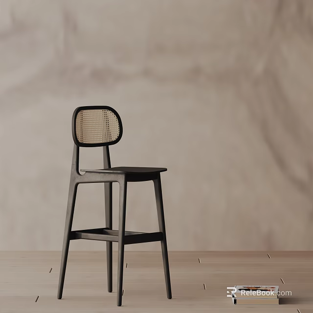 Modern Minimalist Bar Stool Featuring Wooden Legs And Woven Backrest In Neutral Toned Interior 3d model 