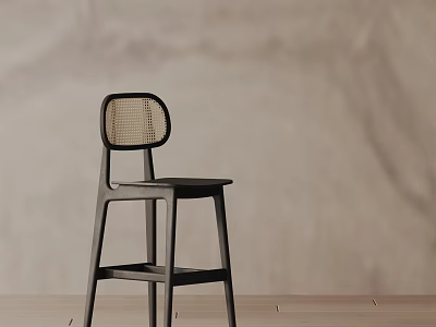 Modern Minimalist Bar Stool Featuring Wooden Legs And Woven Backrest In Neutral Toned Interior 3d model