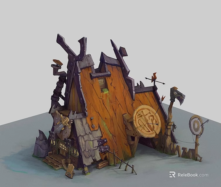 Cartoon Style Fantasy Wooden House With Pointed Roof And Decorative Shield Target 3d model 
