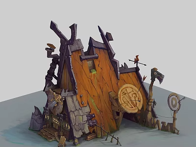 Cartoon Style Fantasy Wooden House With Pointed Roof And Decorative Shield Target 3d model