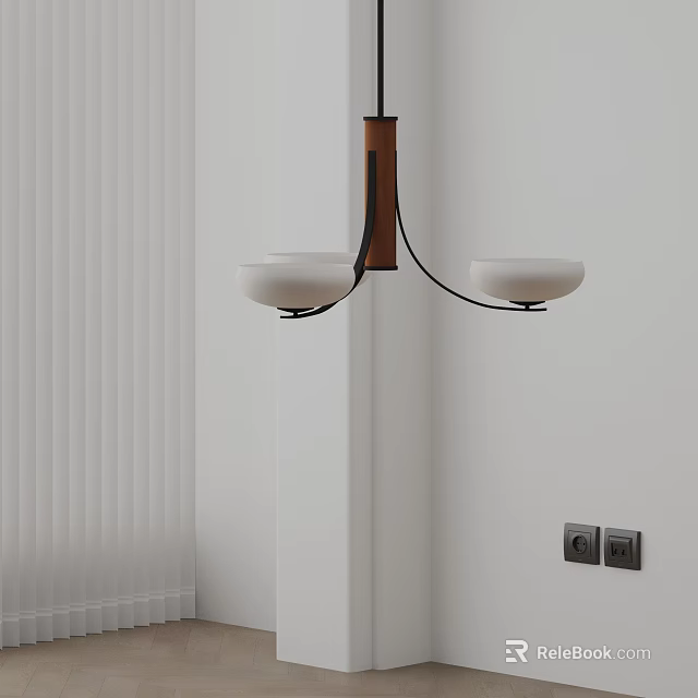 Modern Chandelier With Two White Shades And Wooden Accents In White Wall Interior With Blinds 3d model 