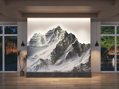 Modern Indoor 3D Mountain Relief Backdrop Wall with Wooden Floor and Window View 3d model