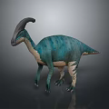 Realistic Teal Green Dinosaur Model With Curved Crest Standing On Gray Background