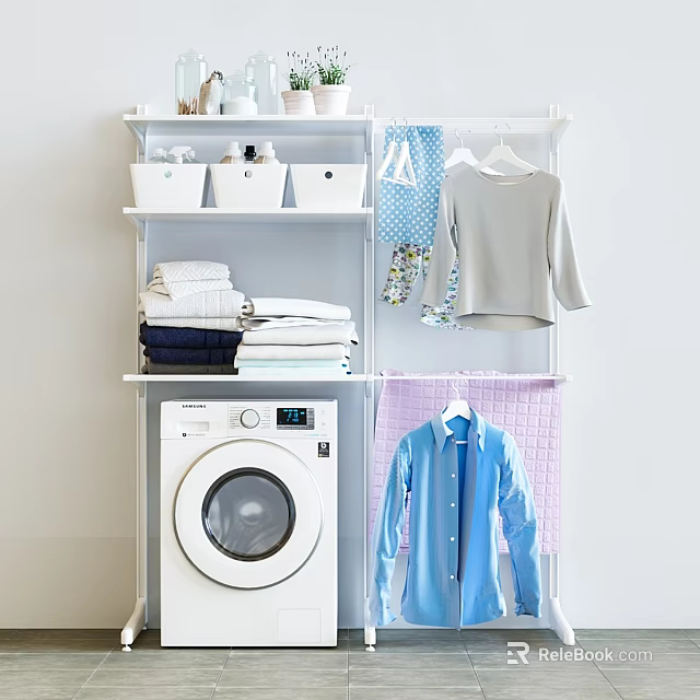 Efficient Laundry Area With Storage Shelves Folded Clothes Hanging Shirts And Washing Machine 3d model 