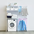 Efficient Laundry Area With Storage Shelves Folded Clothes Hanging Shirts And Washing Machine