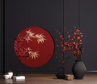 Decorative Ornament Set With Red Circular Decoration Golden Bamboo Leaves Black Vase And Red Branches 3d model