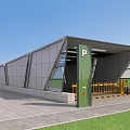 Modern Station Building With Grey Exterior Glass Structure And Parking Entrance Gates